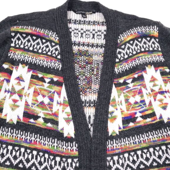 Signature Studio Gray Long Cardigan Sweater Colorful Tribal Pattern Women Large - Picture 2 of 10